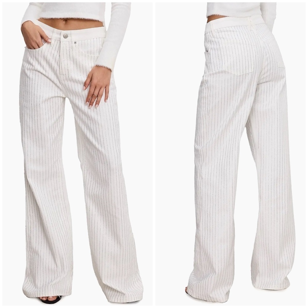 NWT Good American Good Ease Relaxed Jeans Wide Leg Rhinestone Pinstripe Sz 00 24